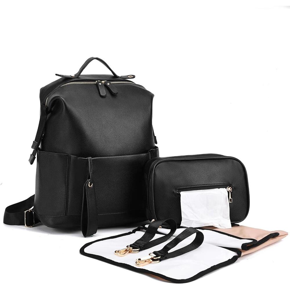 ARDIKAMA Black Diaper Bag Backpack Leather with Stroller Straps and Changing Pad